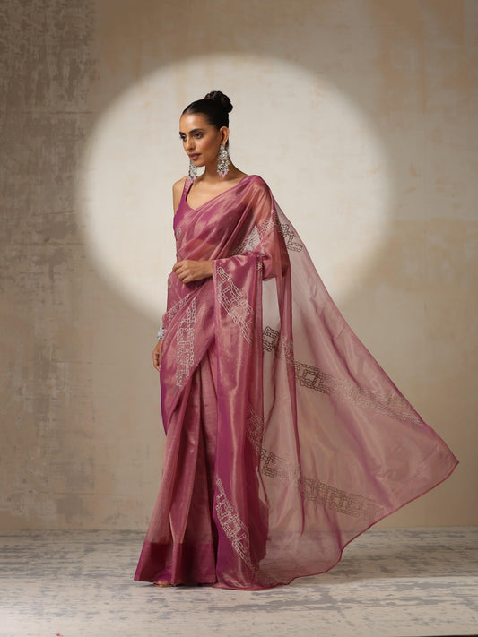 Dhiyona ST Pink Gold Soft Organza Saree with Zari Embroidery and Blouse Fabric