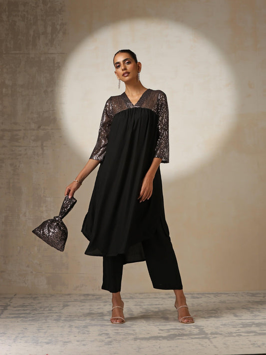 Dhiyona ST Women's Black and Bronze Sequin Kurta with Korean Fabric Pants 2 Piece Set | A-Line, V Neck, 3/4 Sleeves, Pants, Partywear, (Korean Fabric)