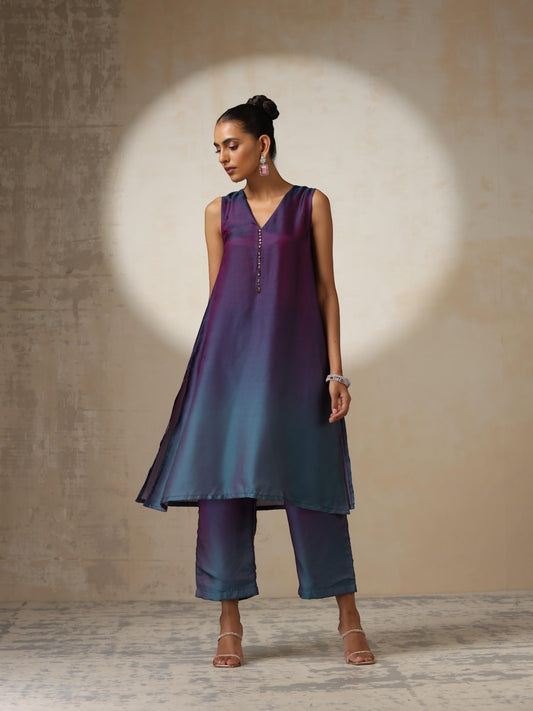 Dhiyona ST Women's Rarity Ombre Chiffon Kurta Set with Beads and Pants 2 Piece Set | A-Line, V Neck, Sleeveless, Pants, Partywear, (Chiffon)