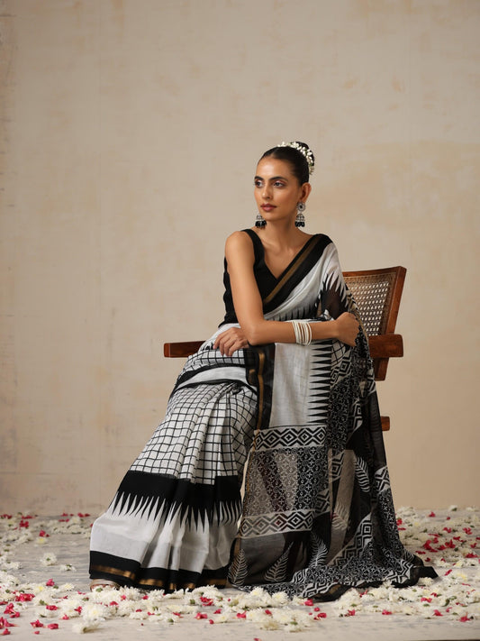 Dhiyona ST Black Chevron Pure Chanderi Silk Cotton Hand Printed Saree with Blouse Fabric