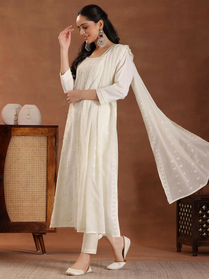 Women's LB Off White Embroidered Cotton Straight Suit With Dupatta