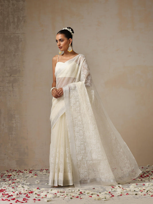 Dhiyona ST Cream and Silver Cotton Kota Saree with All over Embroidery and Blouse Fabric