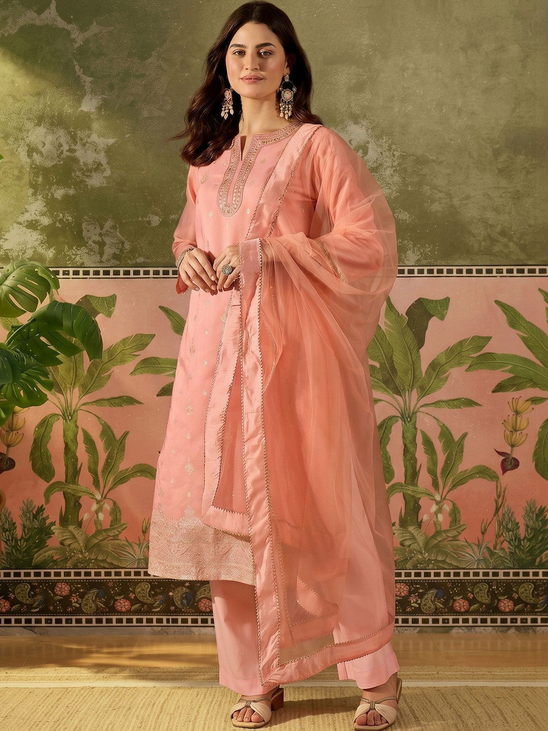 Women Ethnic Motifs Embroidered Regular Chanderi Cotton Kurta with Trousers & With Dupatta
