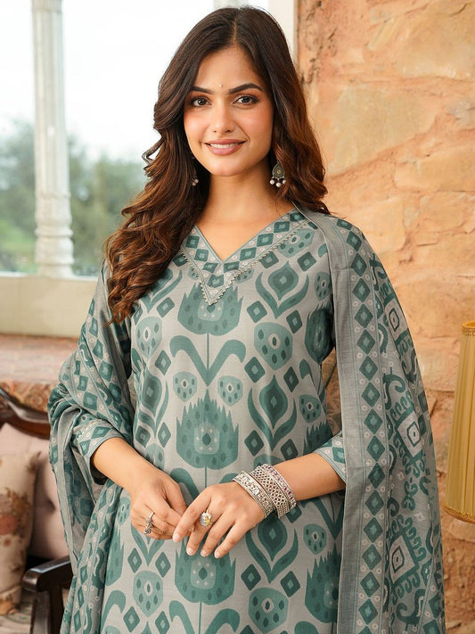 Dhiyona KL Ethnic Motifs Printed V-Neck Straight Kurta With Trousers & Dupatta