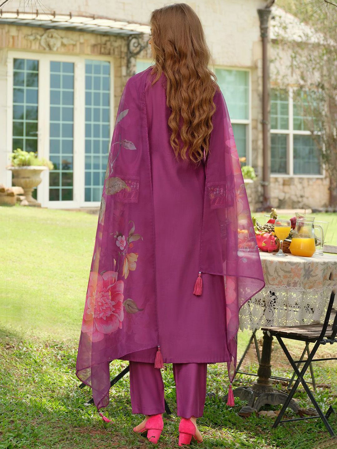 Floral Embroidered Thread Work Tieup Neck A-Line Kurta With Trousers & Dupatta