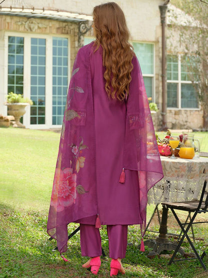 Floral Embroidered Thread Work Tieup Neck A-Line Kurta With Trousers & Dupatta