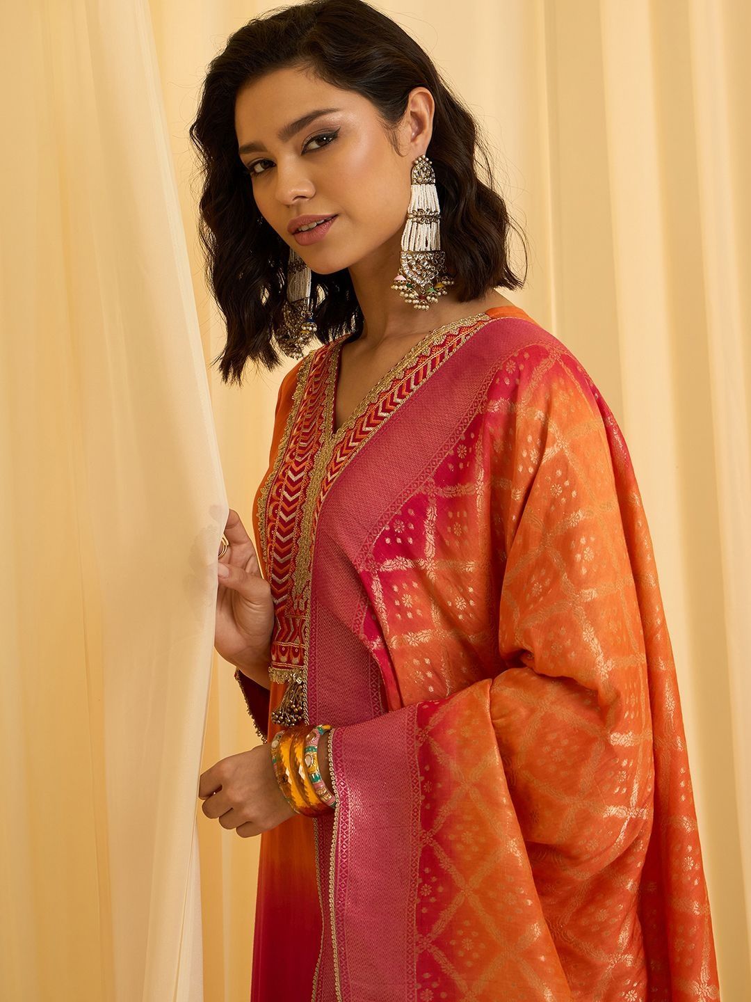 Dhiyona CH Floral Embroidered V-Neck Straight Sequinned Kurta With Trousers & Dupatta