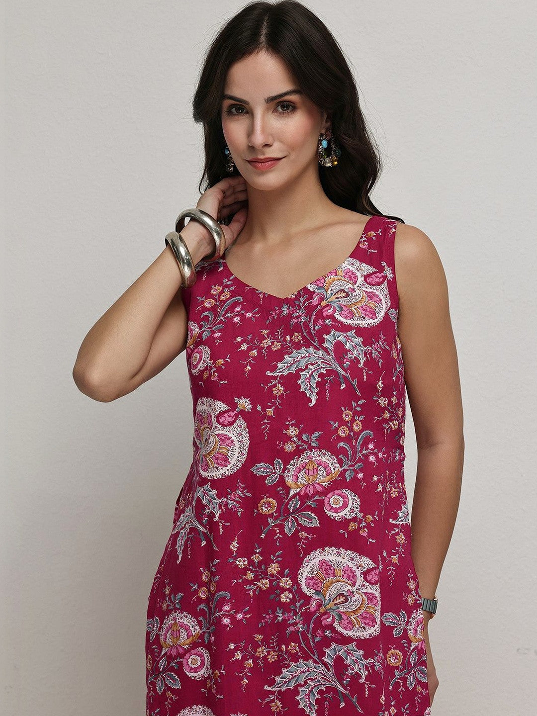 Red Floral Printed Cotton Straight Kurta Set
