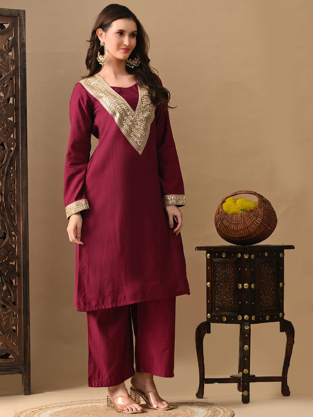 Embroidered Round Neck Long Sleeves Kurta & Trousers With Dupatta