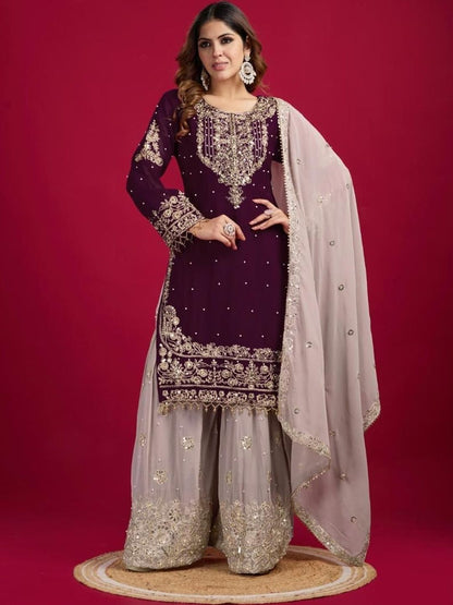 Dhiyona KL Women Ethnic Motifs Embroidered Regular Sequinned Kurta with Sharara & With Dupatta