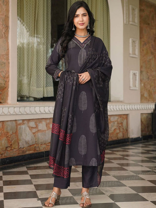 Dhiyona KL Ethnic Motifs Printed Regular V-Neck Straight Kurta With Trousers & Dupatta