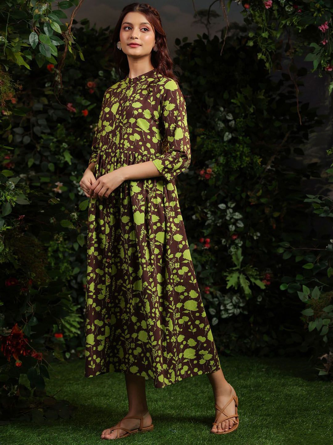 Dhiyona AY Women's Floral Printed Cotton Mandarin Collar Maxi Ethnic Dresses