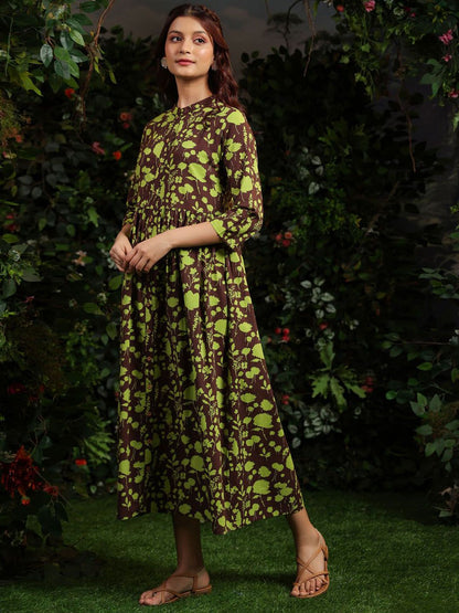 Dhiyona AY Women's Floral Printed Cotton Mandarin Collar Maxi Ethnic Dresses