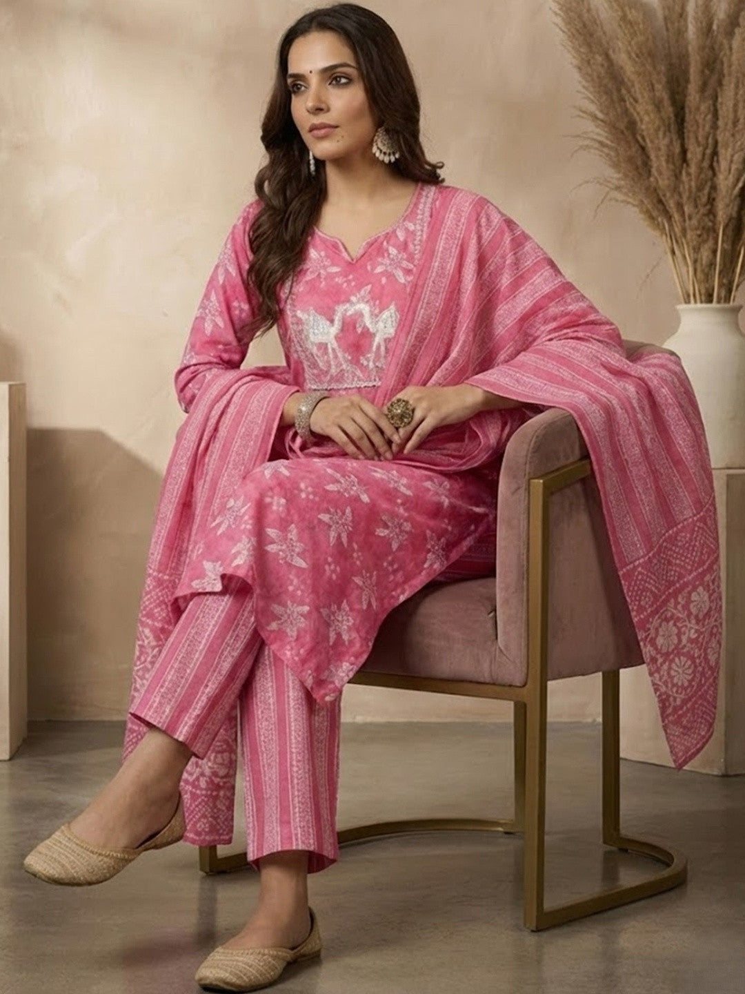 Printed Pure Cotton Round Neck Kurta & Trousers With Dupatta
