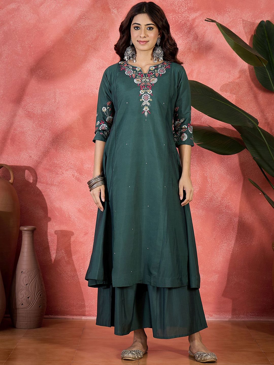 Dhiyona SN Floral Embroidered Thread Work A-Line Kurta & Palazzo With Dupatta
