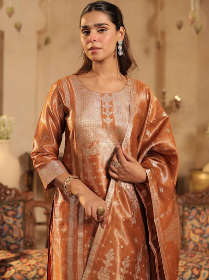 Ethnic Motifs Woven Design Round Neck Straight Kurta &Trousers With Dupatta