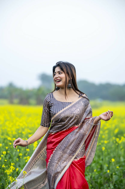 Women Yogita Madhubani 3 Red Saree With Unstiched Blouse