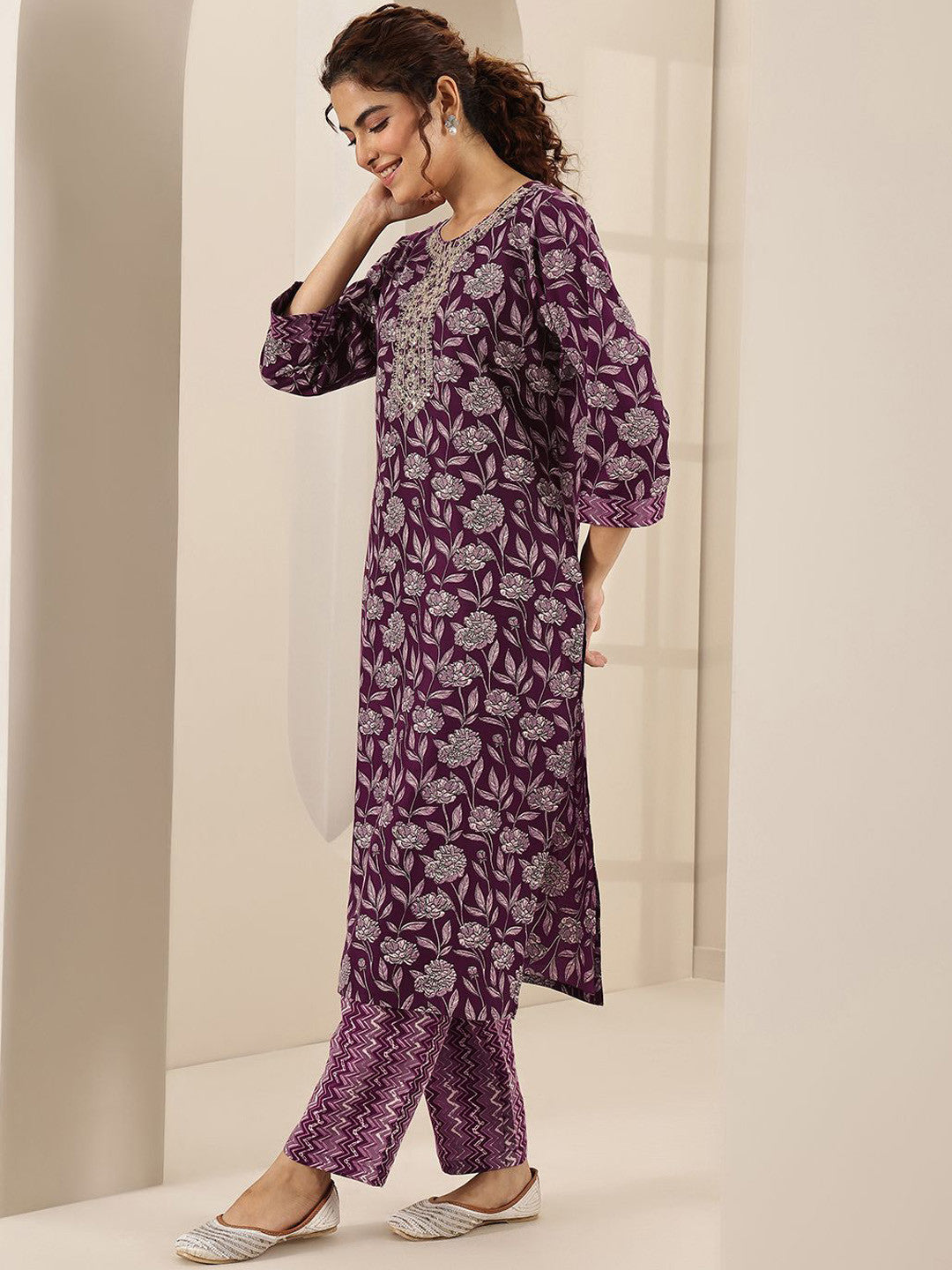 Floral Printed Round Neck Mirror Work Straight Kurta With Trousers & Dupatta