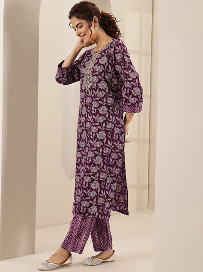 Floral Printed Round Neck Mirror Work Straight Kurta With Trousers & Dupatta