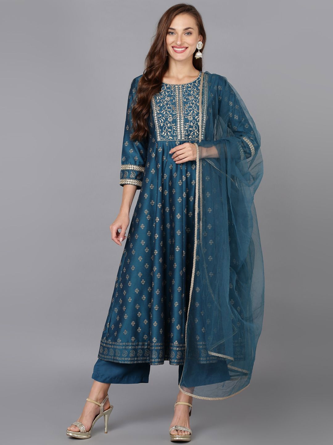 Dhiyona KL Floral Printed Round Neck Zari Anarkali Kurta & Palazzos With Dupatta
