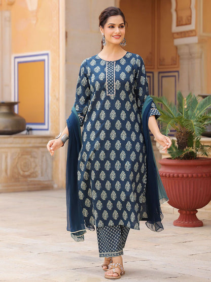 Dhiyona RR Women's Ethnic Motifs Printed Regular Pure Cotton Kurta with Trousers & With Dupatta