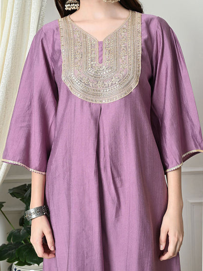 Women Sequined V-Neck A-Line Kurta With Dhoti Pants & Dupatta Set