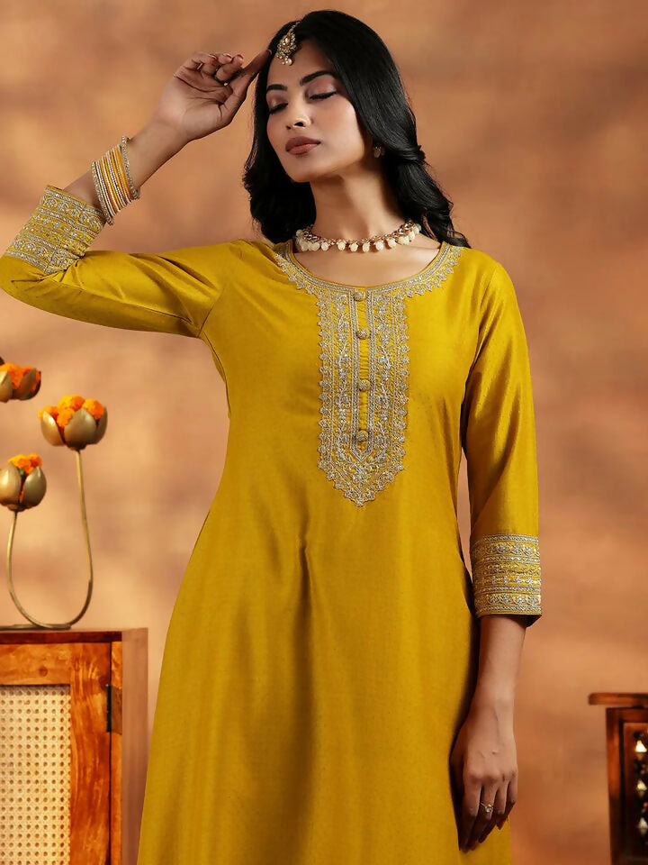 Women's LB Mustard Yoke Design Silk Blend A-Line Kurta With Trousers & Dupatta