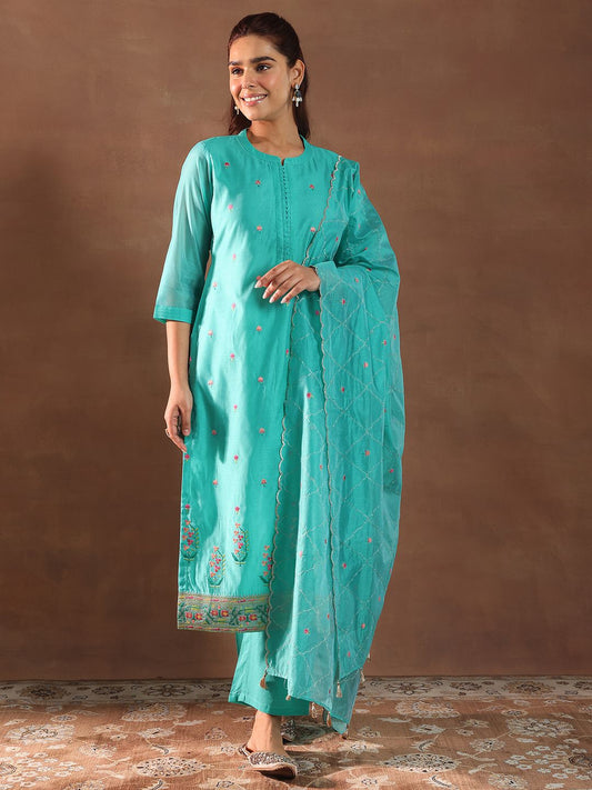 Floral Embroidered Chanderi Silk Straight Kurta with Trousers & With Dupatta