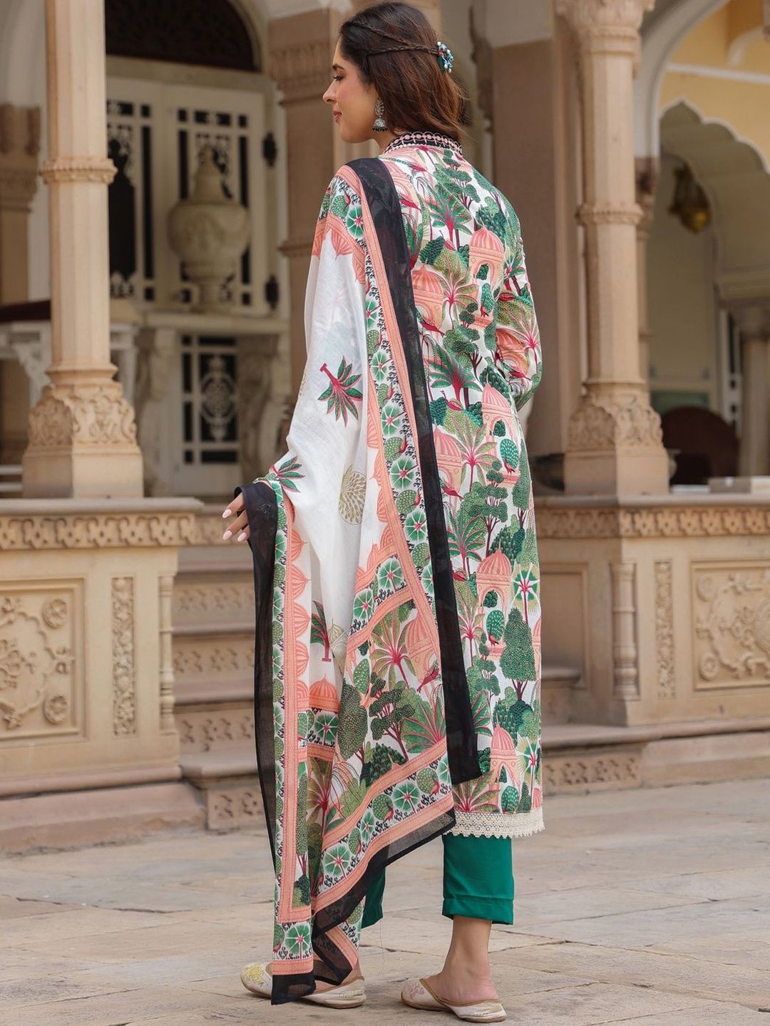 Dhiyona RR Women's Floral Printed Cotton Anarkali Kurta with Trousers & Dupatta