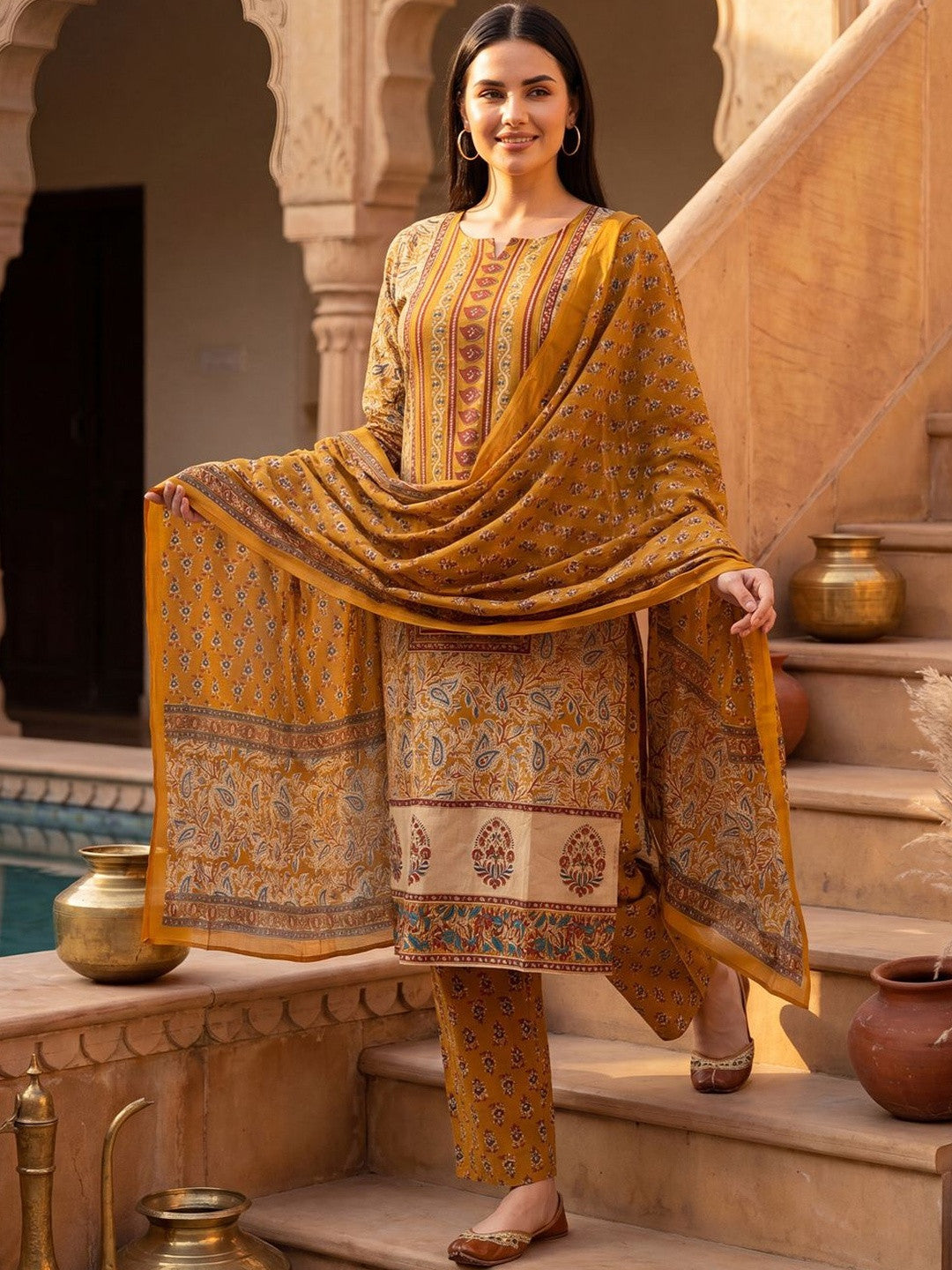 Women Ethnic Motifs Printed Regular Pure Cotton Kurta with Trousers & With Dupatta