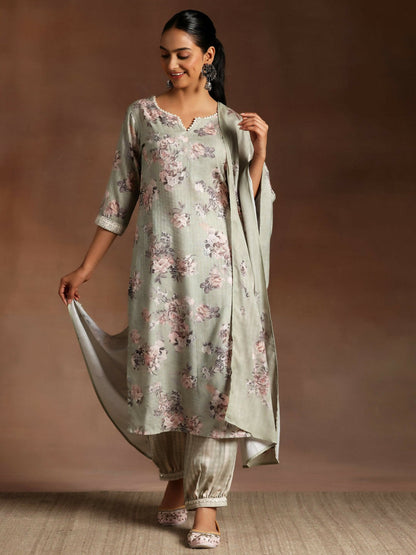 Women's LB Green Printed Cotton Straight Suit With Dupatta