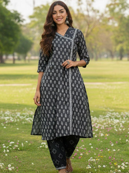 Black Ethnic Motifs Printed V-Neck Angrakha A-Line Kurta With Patiala & Dupatta