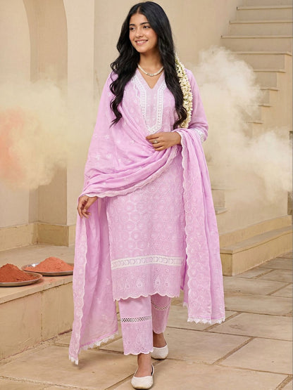 Women Embroidered Regular Chikankari Pure Cotton Kurta with Trousers & With Dupatta