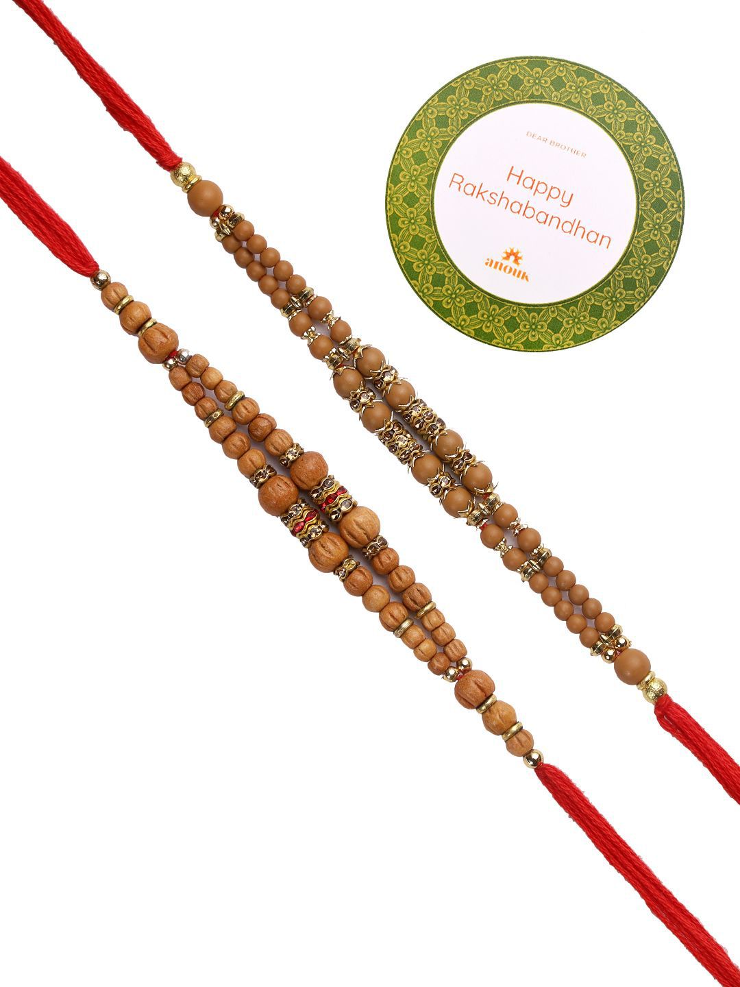 Dhiyona Set Of 2 Brown Beaded Rakhi With Roli Rice & Greeting Card