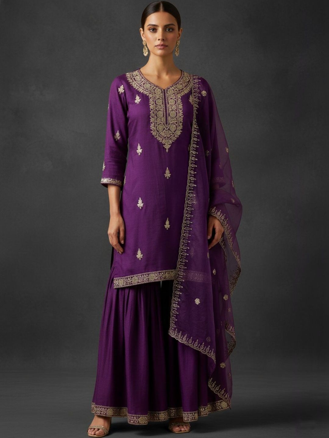 Dhiyona VA Women Ethnic Motifs Embroidered Regular Thread Work Kurta with Sharara & With Dupatta