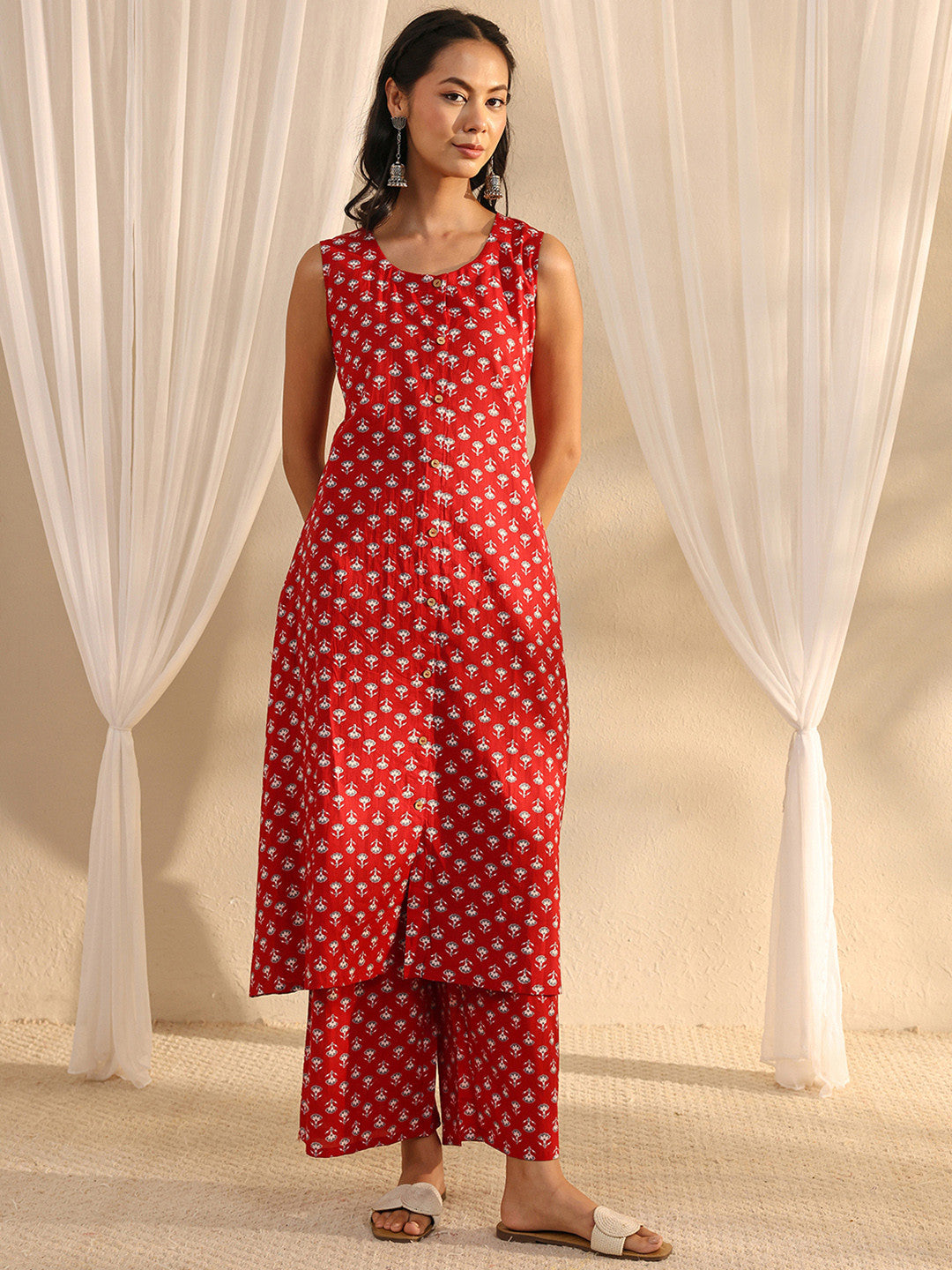 Maroon Floral Printed Cotton A-Line Kurta Set