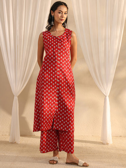 Maroon Floral Printed Cotton A-Line Kurta Set