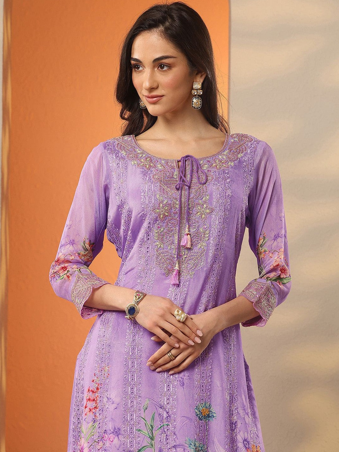 Floral Printed Thread Work Straight Kurta With Palazzos & Dupatta