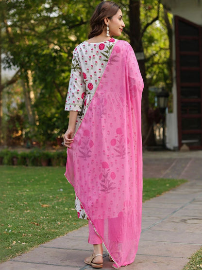 Dhiyona RR Women's Floral Printed Cotton Kurta with Trousers & Dupatta