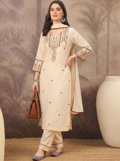 Women Embroidered Regular Pure Cotton Kurta with Trousers & With Dupatta