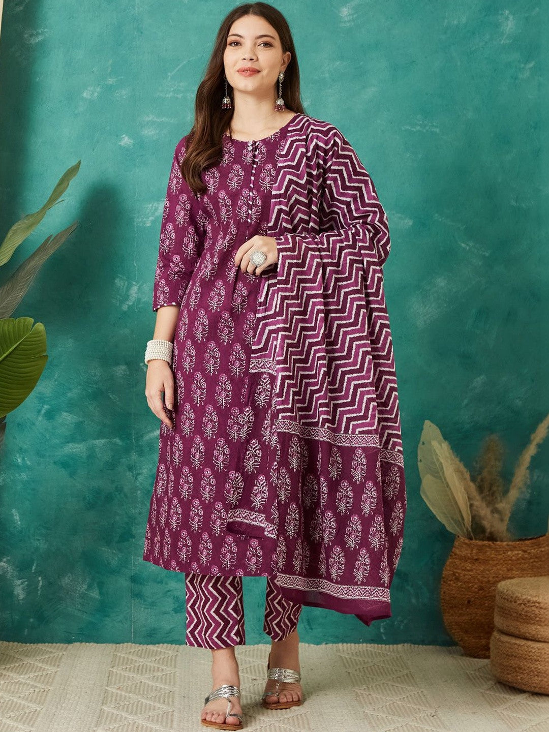 Printed Cotton Round Neck Kurta & Trousers With Dupatta
