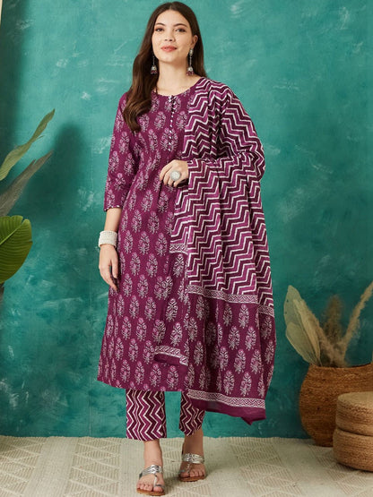 Printed Cotton Round Neck Kurta & Trousers With Dupatta
