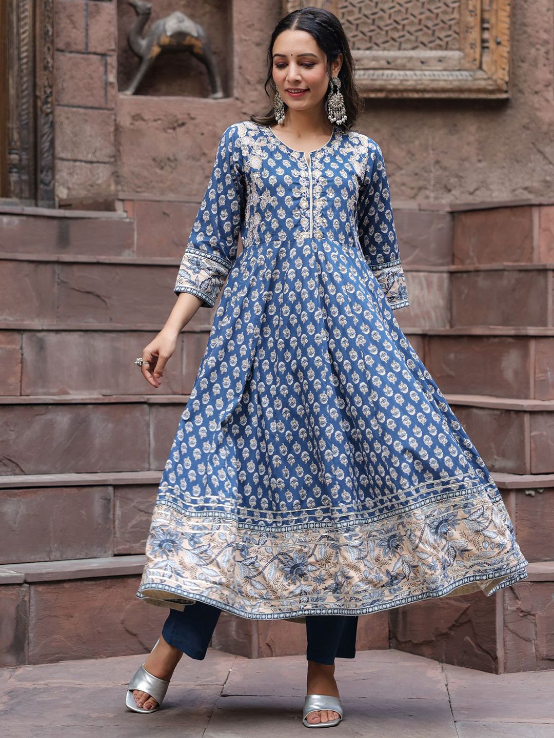 Dhiyona RR Women's Ethnic Motifs Printed Regular Sequinned Pure Cotton Kurta with Trousers & With Dupatta