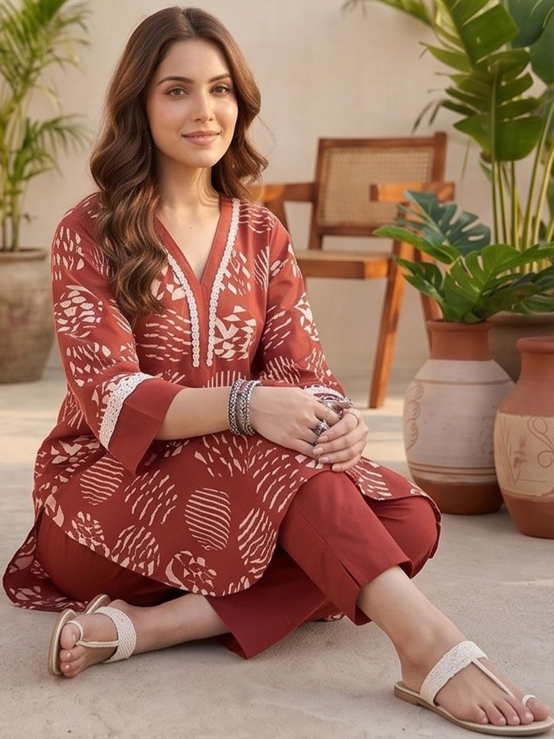 Red Women Printed Regular Kurta with Trousers