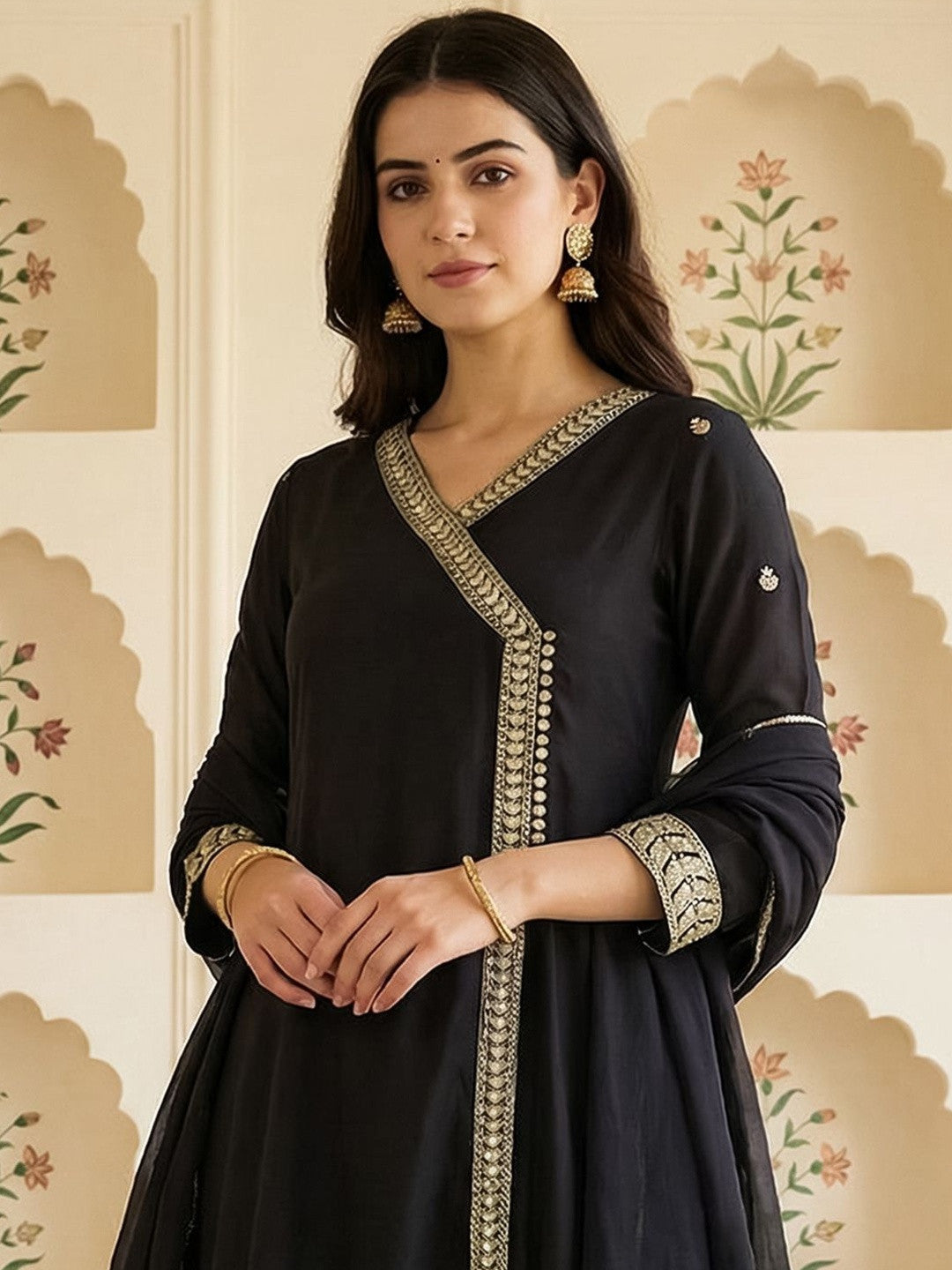 Women Ethnic Motifs Embroidered Angrakha Kurta with Trousers & With Dupatta