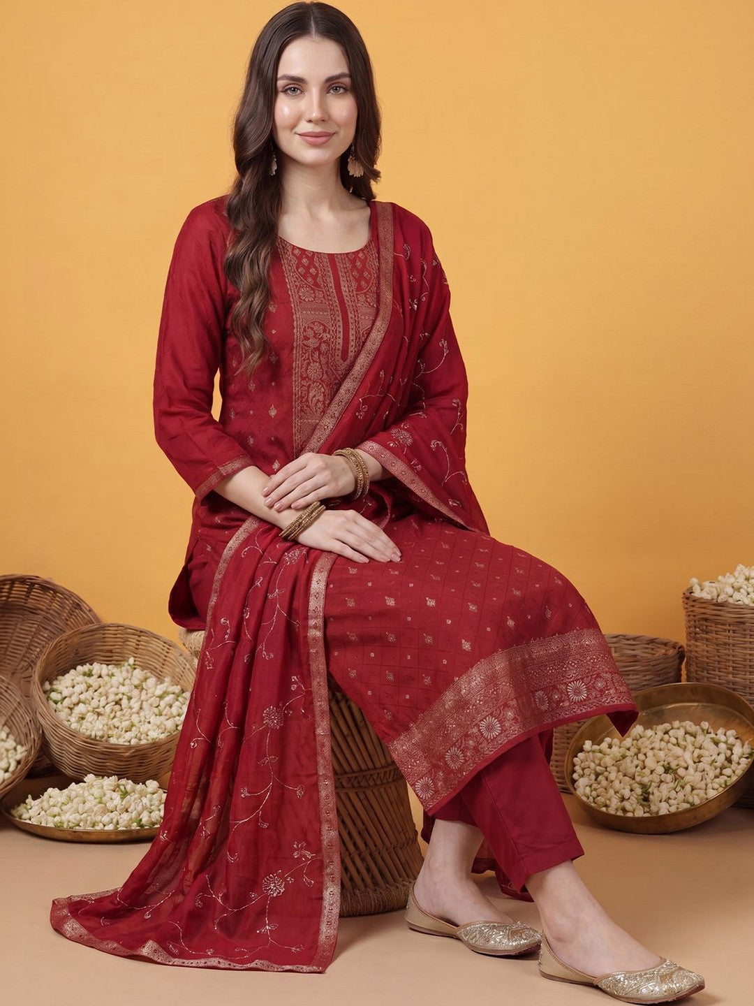 Women Ethnic Motifs Regular Kurta with Trousers & With Dupatta
