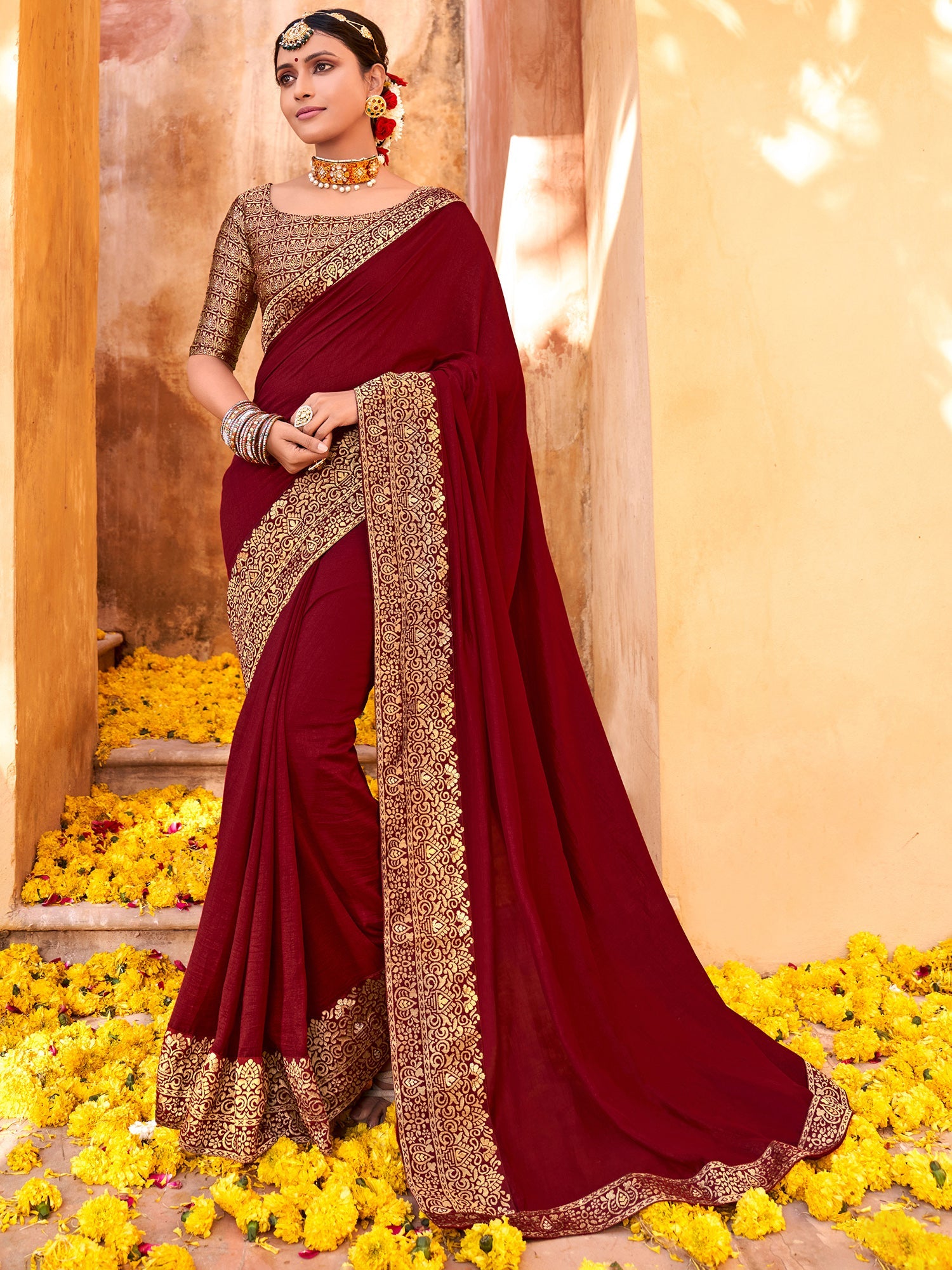 Women's Vichitra Silk Maroon Embellished Designer Saree With Blouse Piece