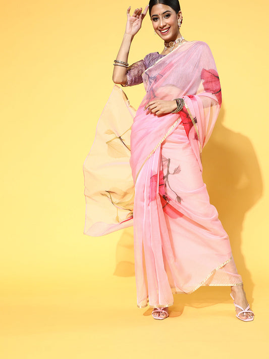 Women's Organza Pink Printed Celebrity Saree With Blouse Piece