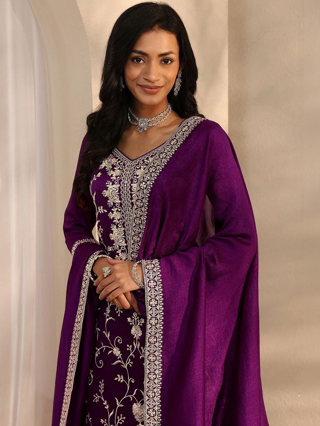 Purple Embroidered Sharara Suit Set with Dupatta