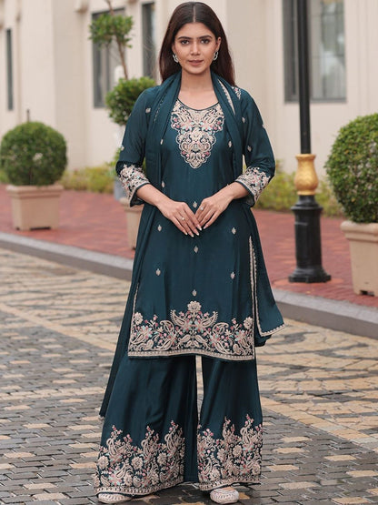 Dhiyona CH Women Ethnic Motifs Embroidered Regular Thread Work Kurta with Palazzos & With Dupatta